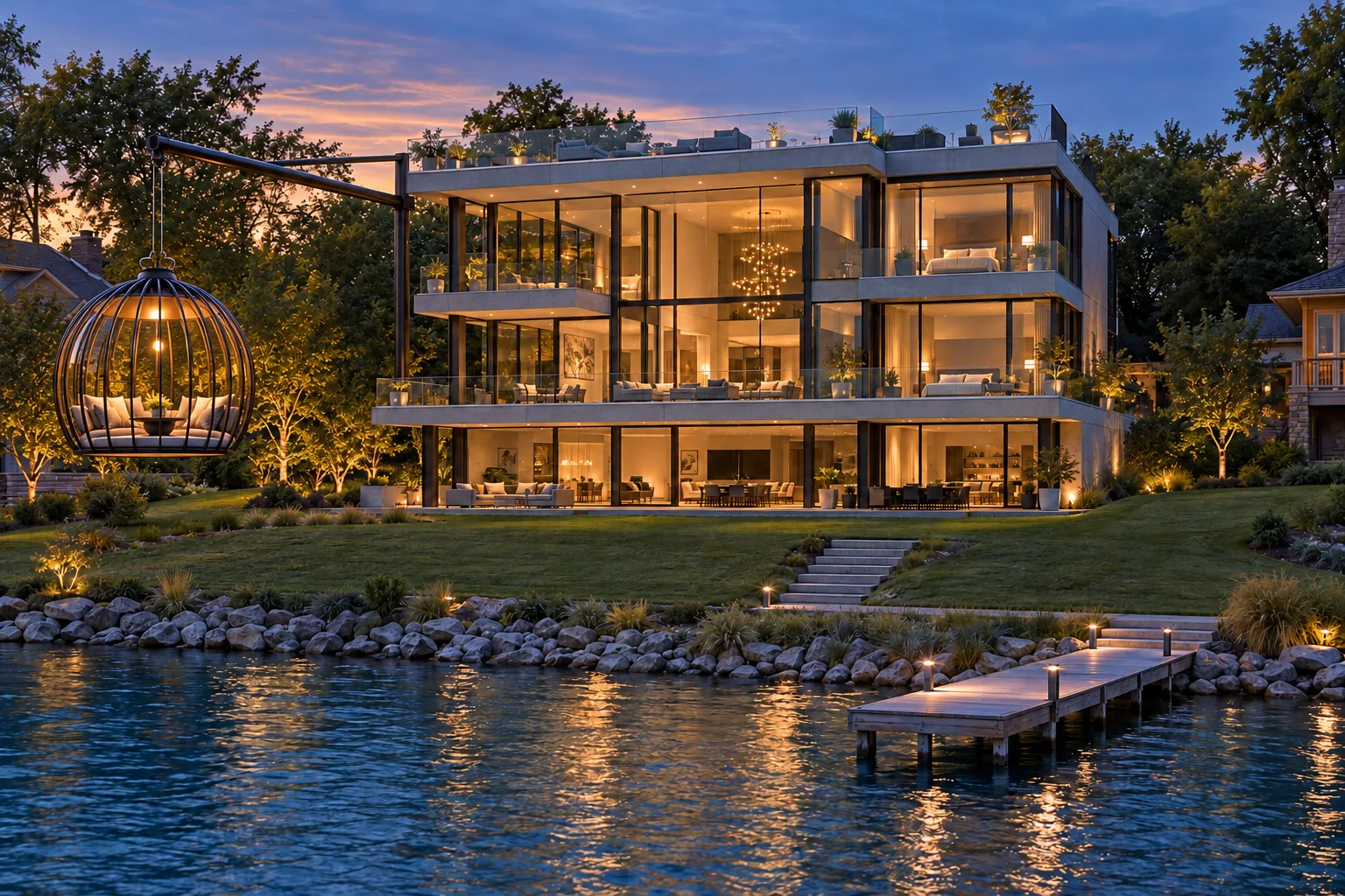Glasswater Estate concept rising above a landscaped Lake James shoreline
