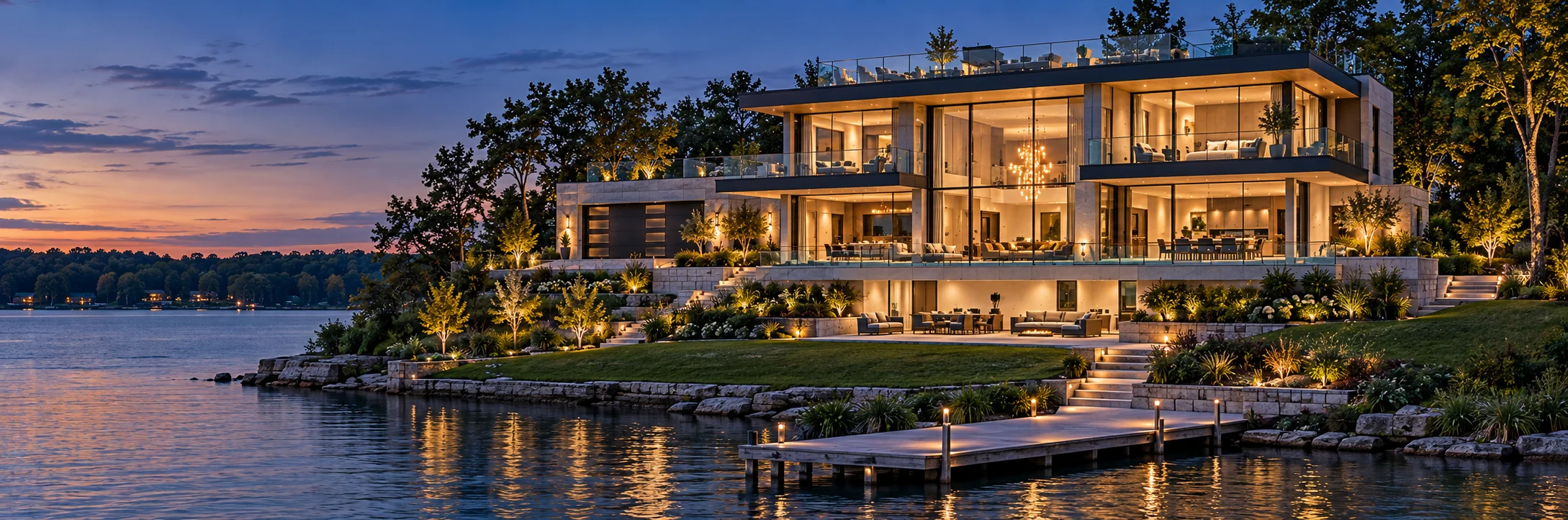 Glasswater Estate concept rising above a landscaped Lake James shoreline