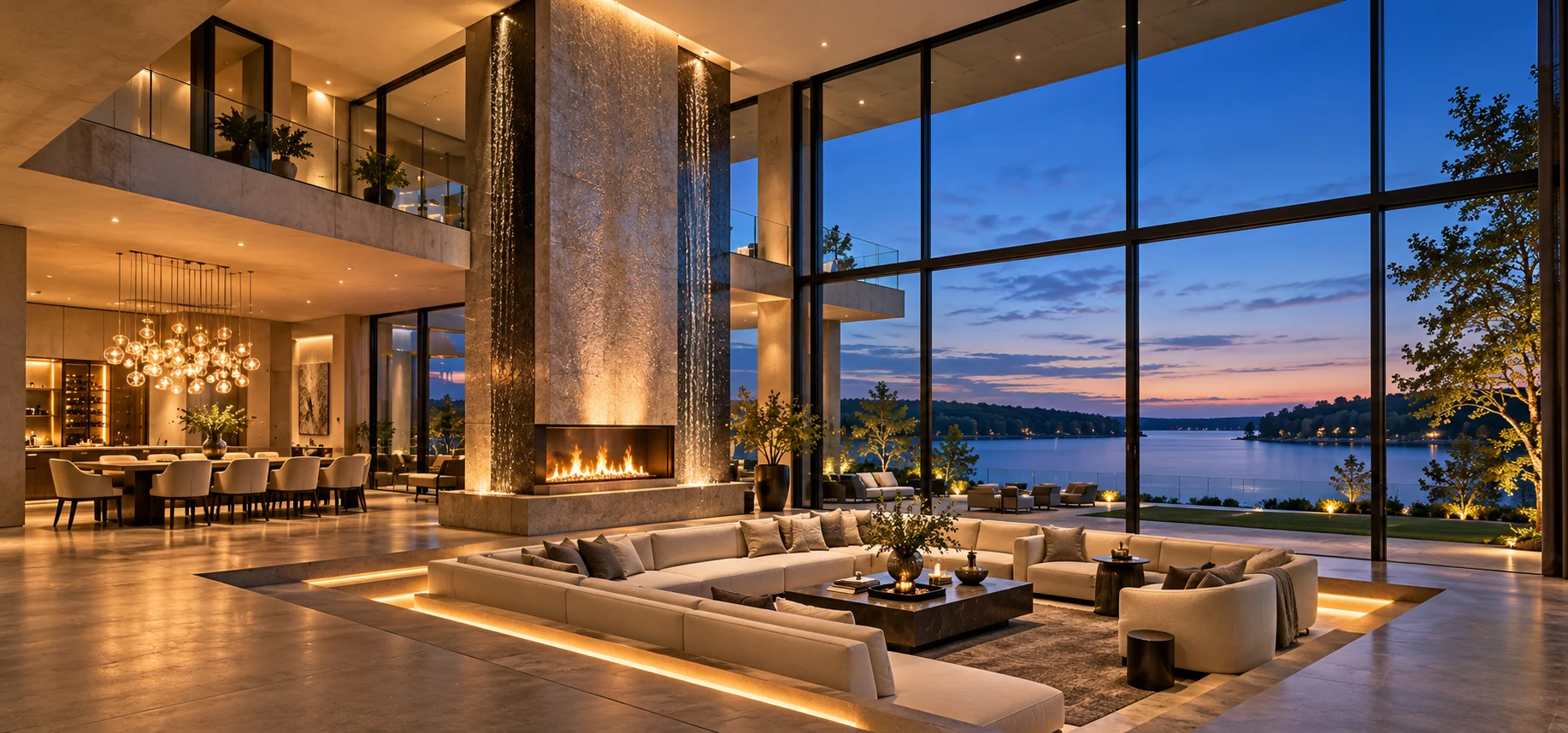 Double-height living concept with a sunken conversation lounge and water-and-fire column