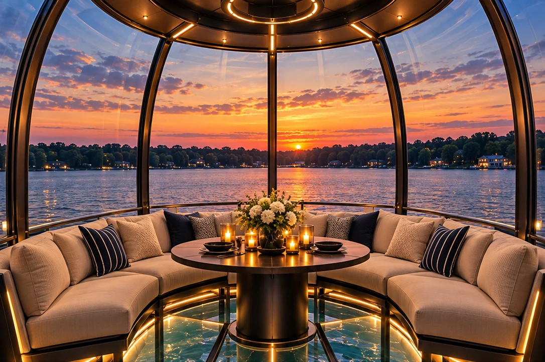 Curved seating, a small table and transparent floor sections inside the lake lounge at sunset