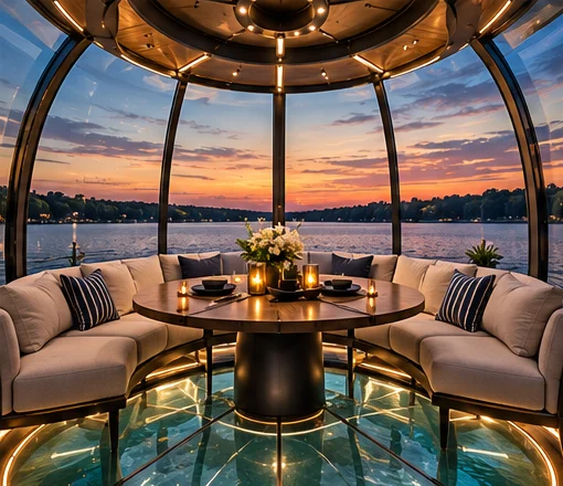 Concept for an intimate suspended lounge with panoramic lake views