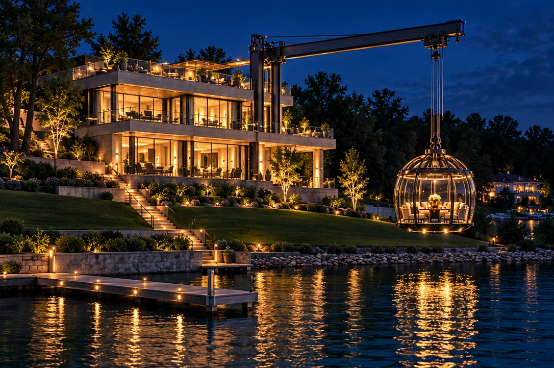 Nighttime concept of the warmly lit suspended lounge above the water, with the estate elevated behind a landscaped lawn