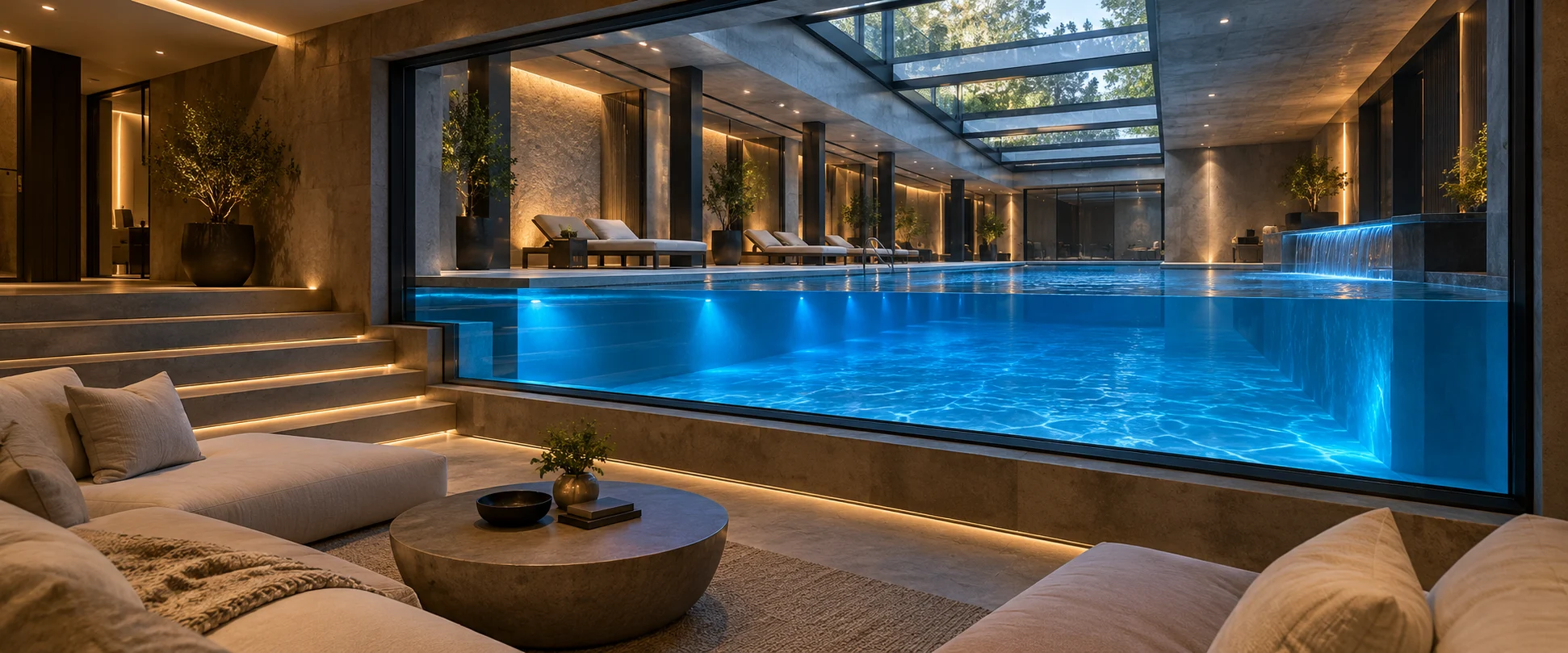 Indoor pool and sunken underwater viewing lounge concept