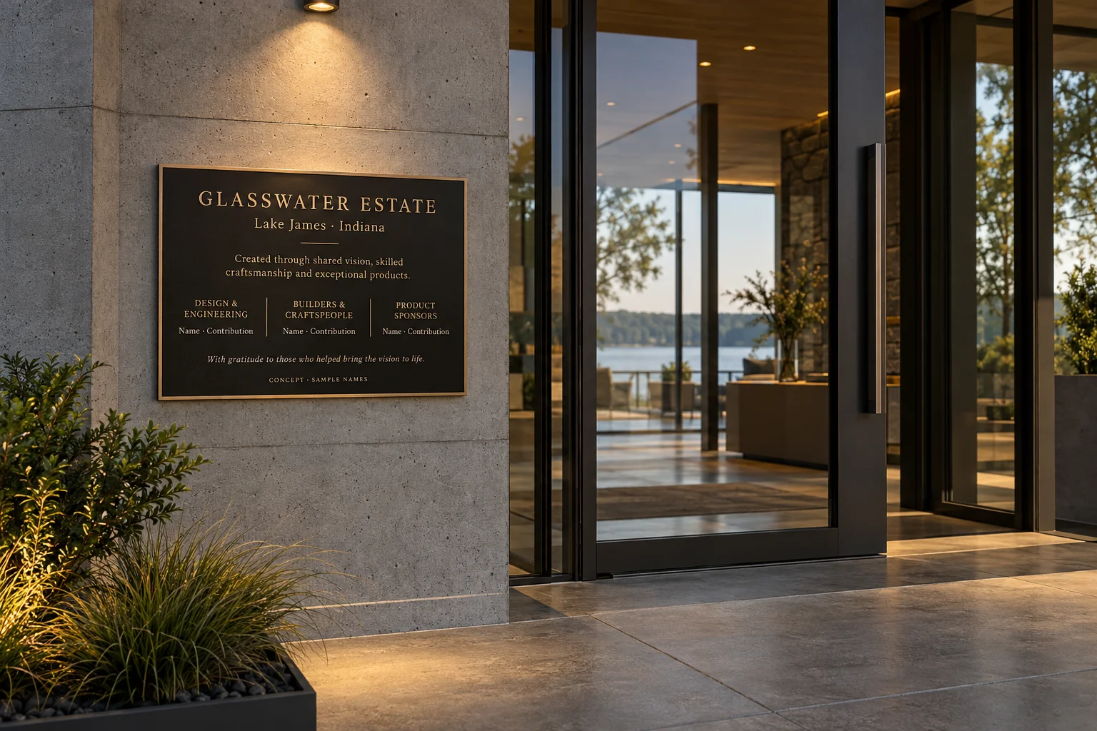 Concept of a small bronze-and-black contributor recognition plaque mounted beside the Glasswater main entrance; all entries are placeholders